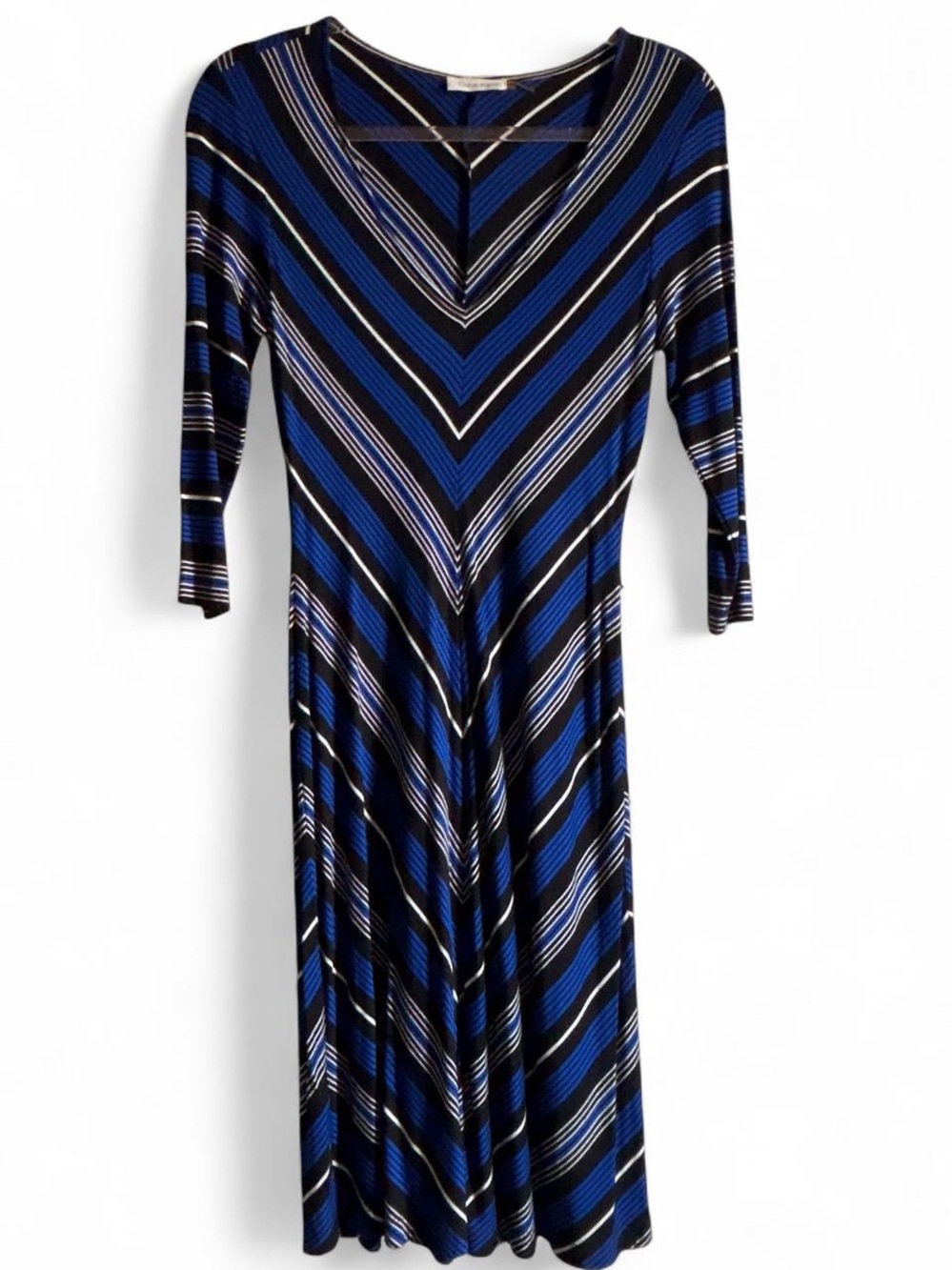 Calvin Klein Striped V-Neck Midi Dress in Blue and Black size 4